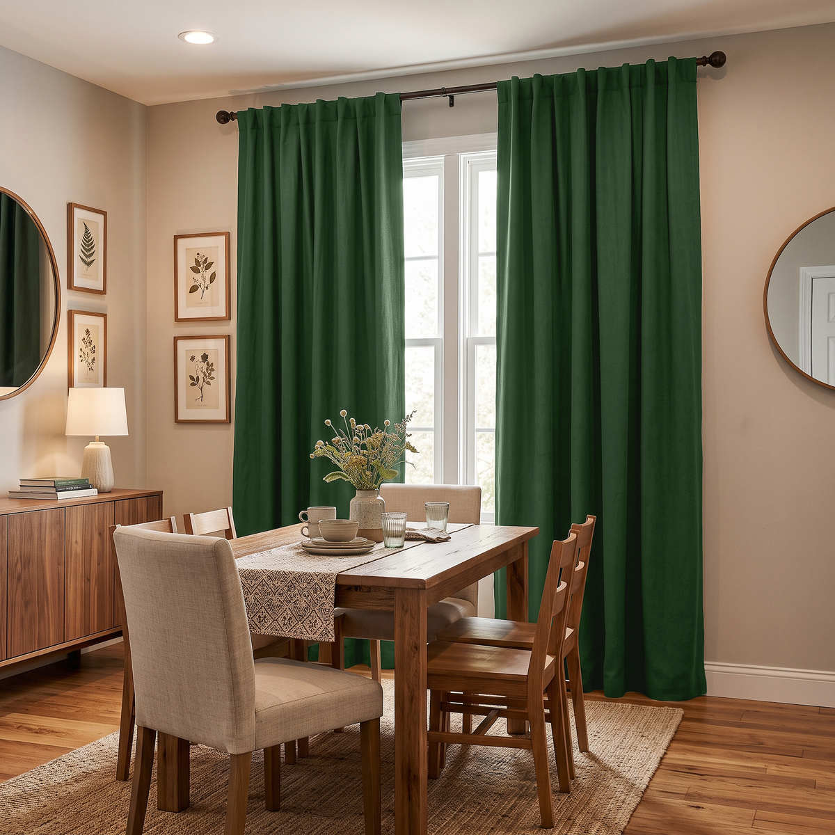 Forest Green Linen Back Tab Curtains in a Transitional Dining Room with Walnut Cabinetry and Botanical Wall Art
