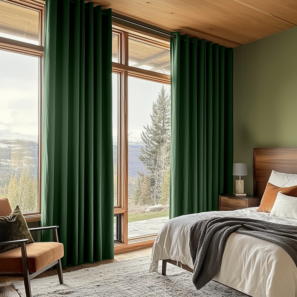 Forest Green Linen Eyelet Bedroom Curtains in a Rustic Bedroom with Sage Green Walls and a Warm Wood Ceiling - Blackout Lining