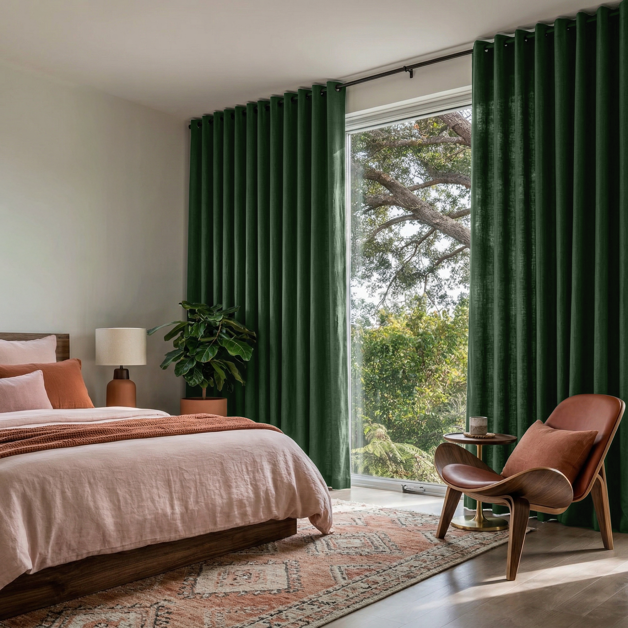 Forest Green Linen Eyelet Bedroom Curtains in a Bright Contemporary Bedroom with Blush Pink Bedding, a Sculptural Wood Lounge Chair, and Terracotta Accents - Cotton Lining