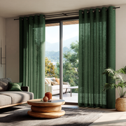 Forest Green Linen Eyelet Curtains for Bifold Doors in a Living Room with Off-White Walls