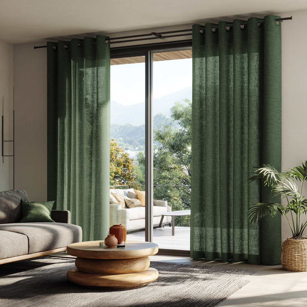 Forest Green Linen Eyelet Curtains for Bifold Doors in a Living Room with Off-White Walls