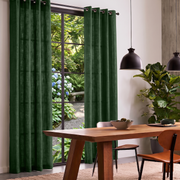 Forest Green Linen Eyelet Curtains in a Contemporary Dining Room with Wooden Furniture and Lush Garden Views