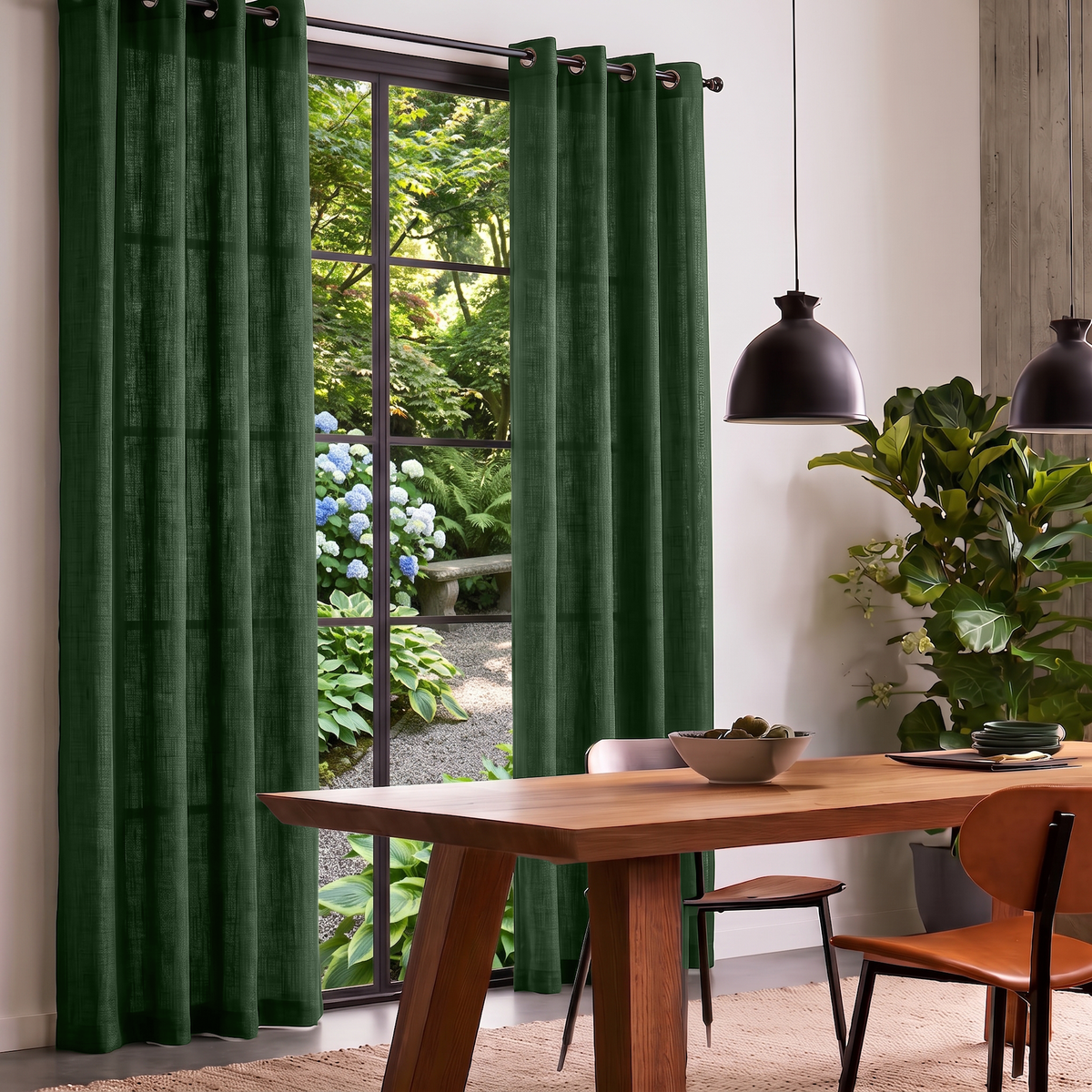 Forest Green Linen Eyelet Curtains in a Contemporary Dining Room with Wooden Furniture and Lush Garden Views
