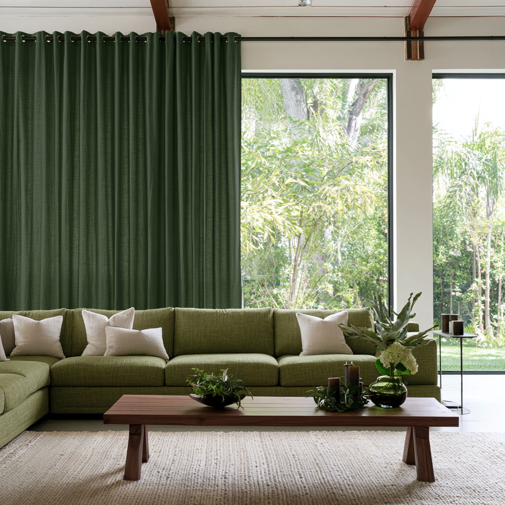 Forest Green Linen Eyelets Extra Long Curtains in a Contemporary Living Room with Green Sectional Sofa and Floor-to-Ceiling Windows