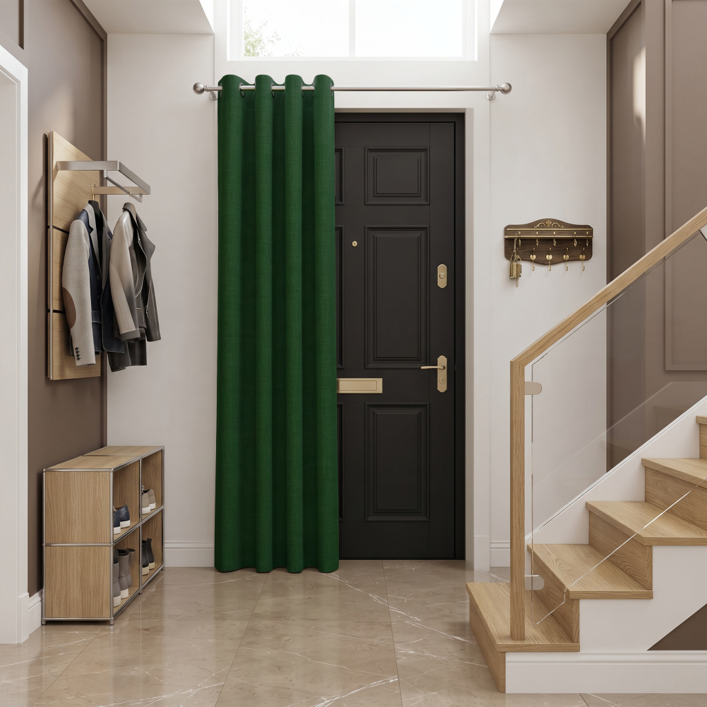 Forest Green Thermal Door Curtain in a Hallway with Brown Accent Walls and a Black Front Door