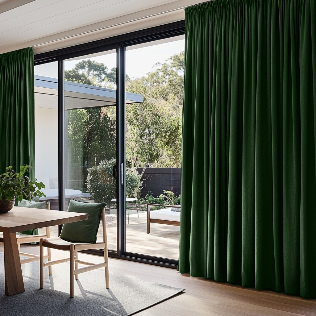 Forest Green Linen Pencil Pleat Curtains for Bifold Doors in a Dining Room with Beige Walls - Blackout Lining