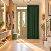 Forest Green Thermal Door Curtain in a Hallway with Neutral Walls and Light Wooden Flooring