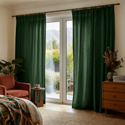 Forest Green Linen Pinch Pleat Curtains for Bifold Doors in a Bedroom with Cream Walls - Cotton Lining