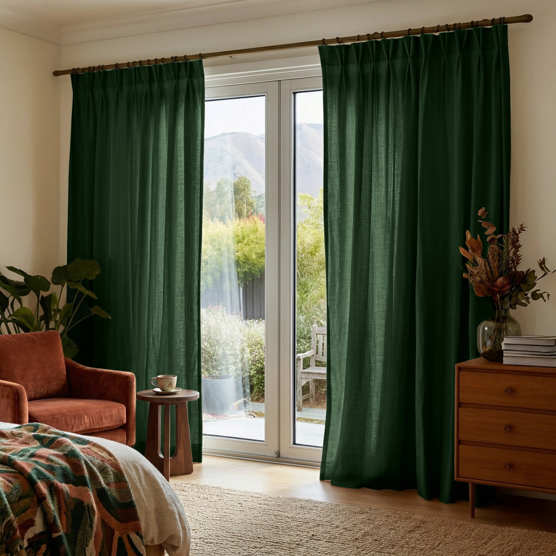 Forest Green Linen Pinch Pleat Curtains for Bifold Doors in a Bedroom with Cream Walls - Cotton Lining