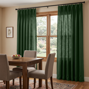Forest Green Linen Pinch Pleat Curtains in a Traditional Dining Room with Upholstered Chairs and Garden Views