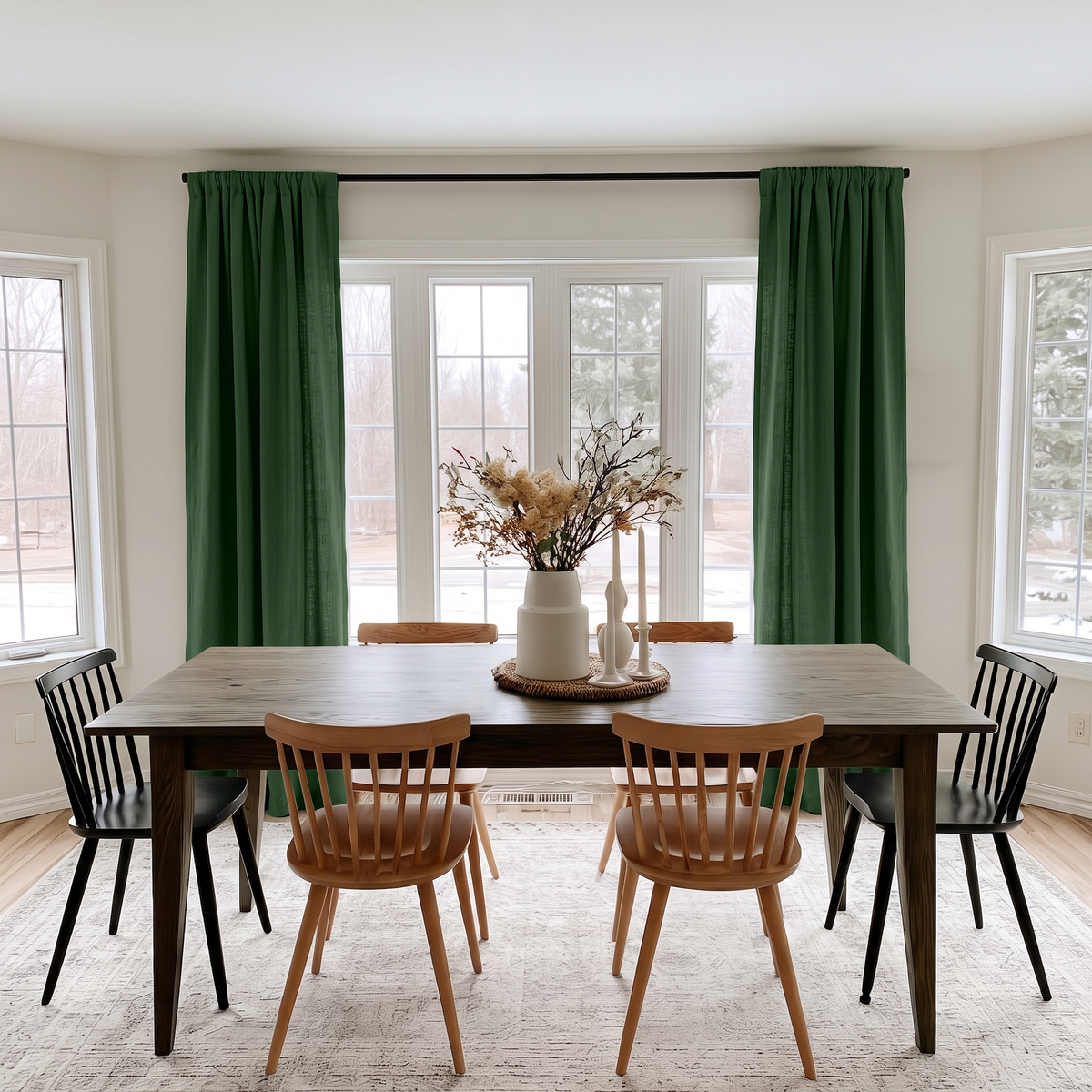 Forest Green Linen Rod Pocket Curtains in a Modern Farmhouse Dining Room with Mixed Wooden Chairs and Winter Views