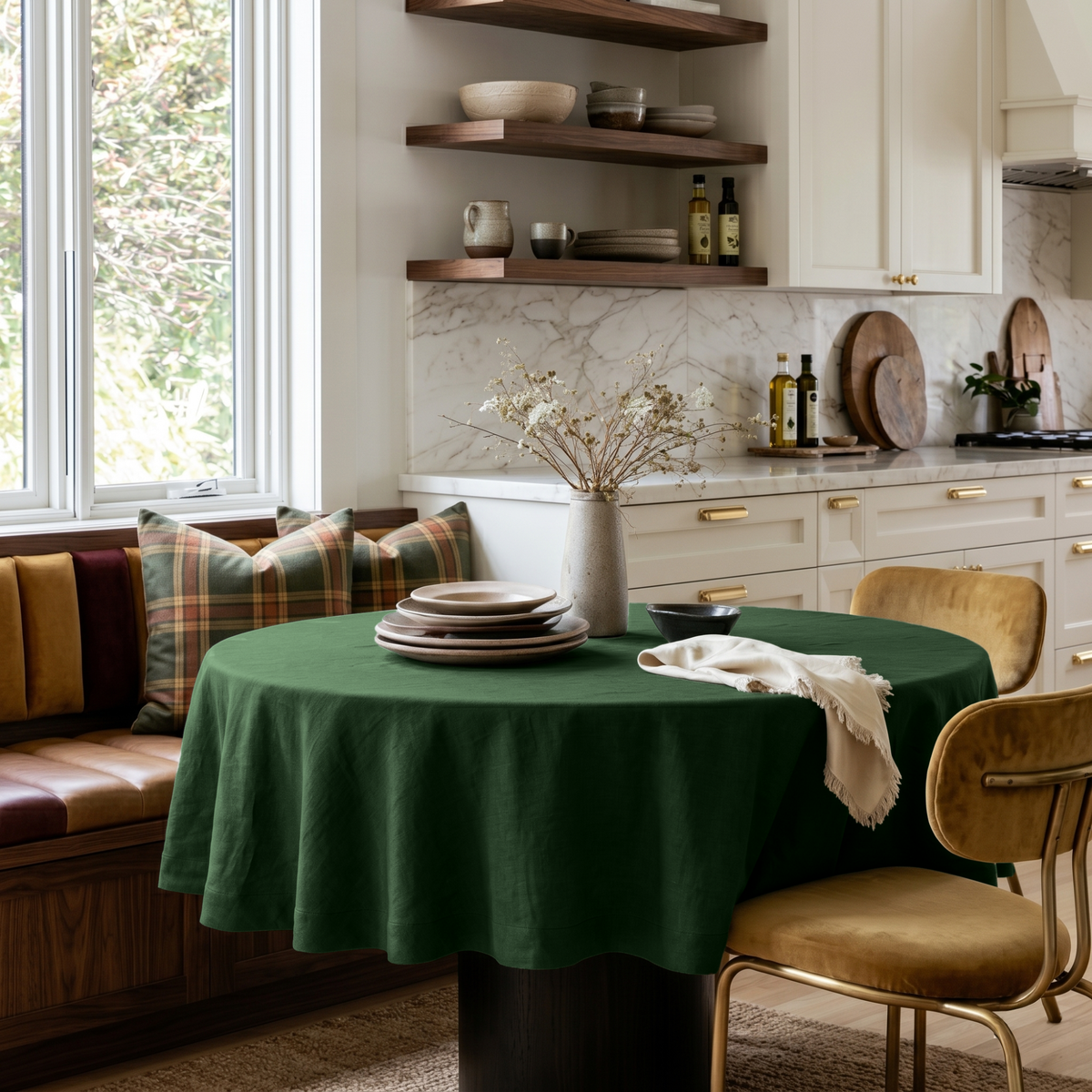Forest Green Linen Round Tablecloth in a Cozy Breakfast Nook with Warm White Cabinetry, Plaid Textile and Mustard Velvet Chairs