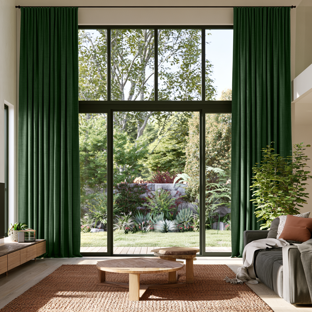 Forest Green Linen S-Fold Extra Long Curtains in a Modern Living Room with a Wooden Coffee Table, a Gray Sofa, and a Textured Brown Rug