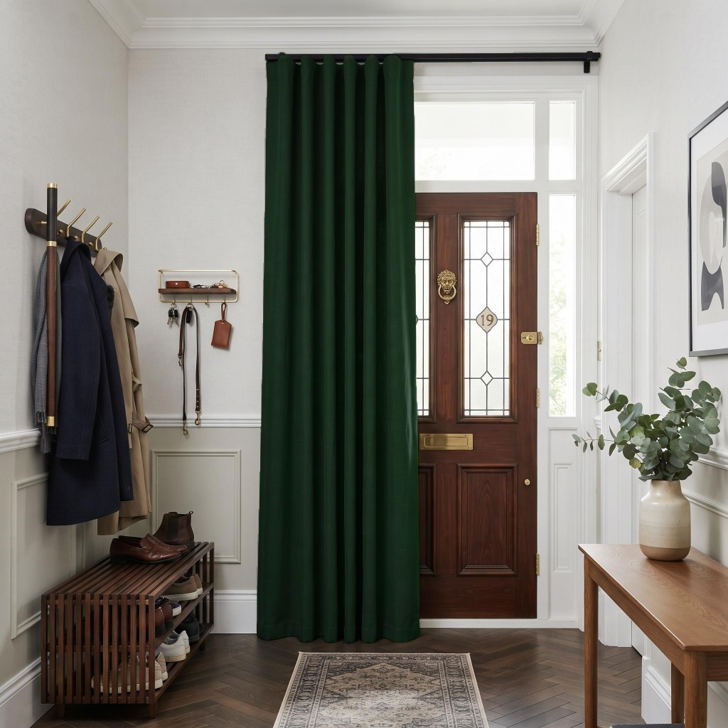 Forest Green Thermal Door Curtain in a Hallway with Off-White Walls and a Dark Wood Front Door