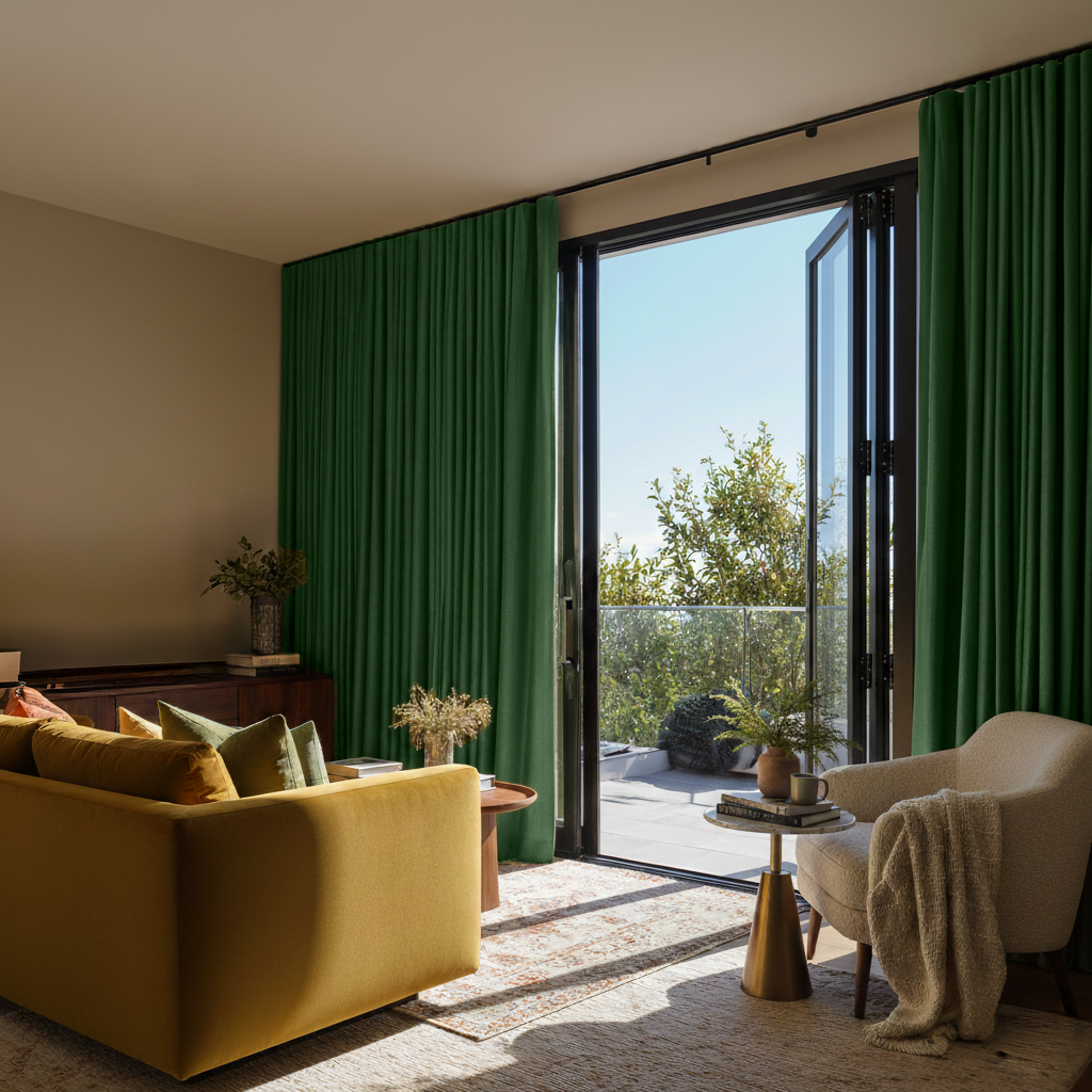 Forest Green Wavefold Linen Curtains for Bifold Doors - Blackout Lining