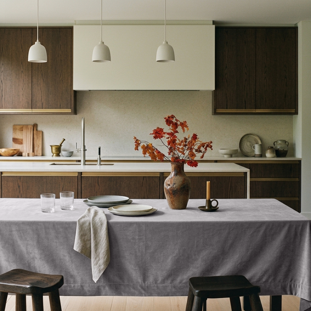Grey Rectangular Velvet Tablecloth in a Contemporary Kitchen with Dark Walnut Cabinetry