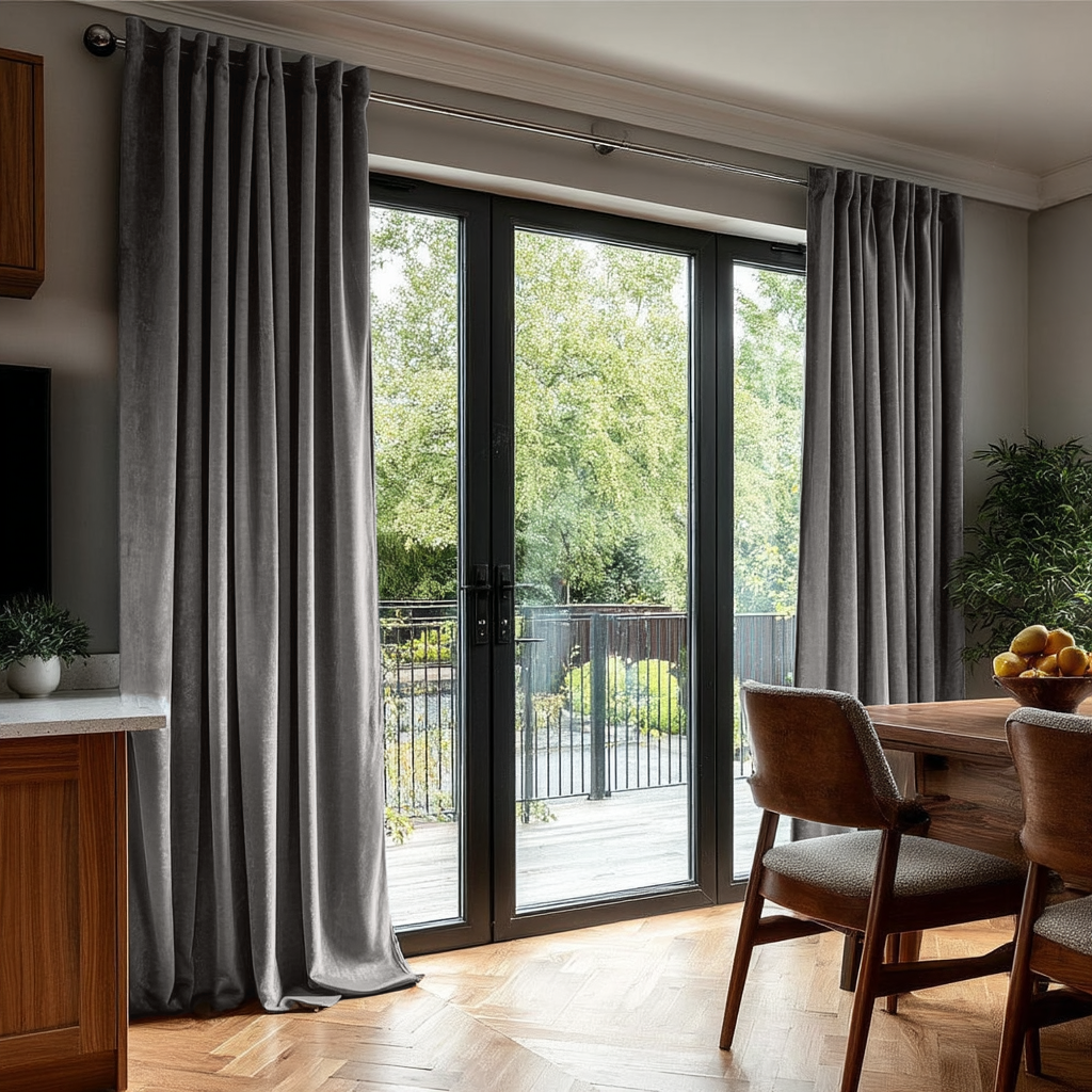 Grey Velvet Back Tab Blackout Curtains for Sliding Doors in a Dining Room with Grey Walls