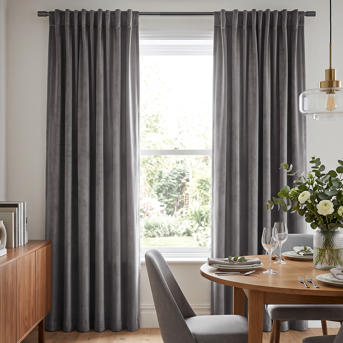 A pair of dark gray pleated window curtains hanging on a black rod in a dining room setting with a wooden table, chairs, and a vase of flowers.