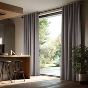 Grey Velvet Eyelet Blackout Curtains for Sliding Doors in a Kitchen with Light Grey Walls