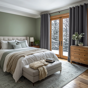Grey Velvet Eyelet Blackout Curtains in a Bedroom with Sage Green Walls