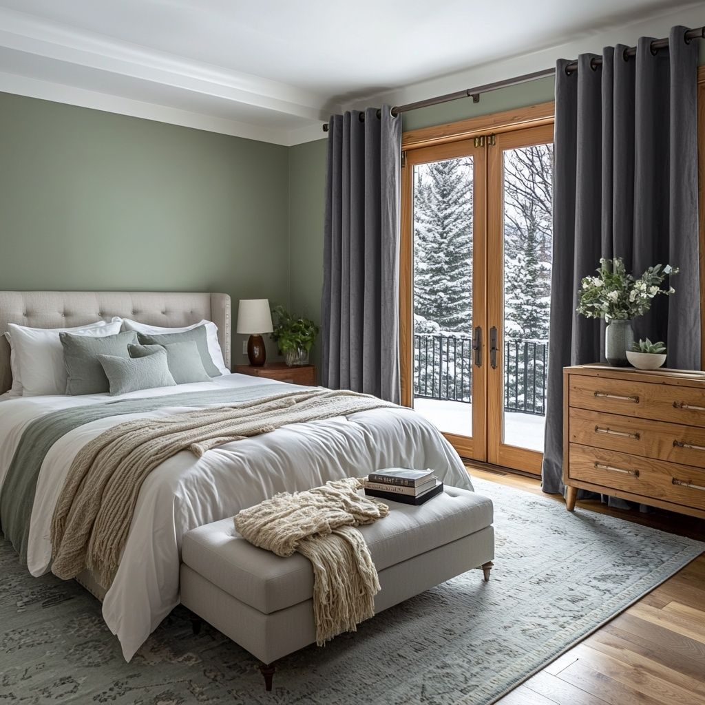 Grey Velvet Eyelet Blackout Curtains in a Bedroom with Sage Green Walls