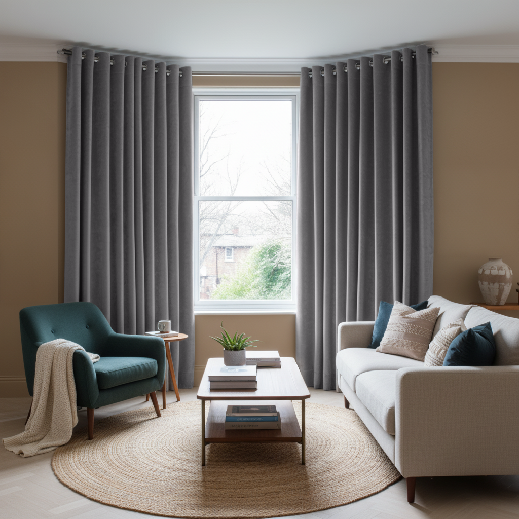 Grey Velvet Eyelet Blackout Curtains in a Living Room with Tan Walls