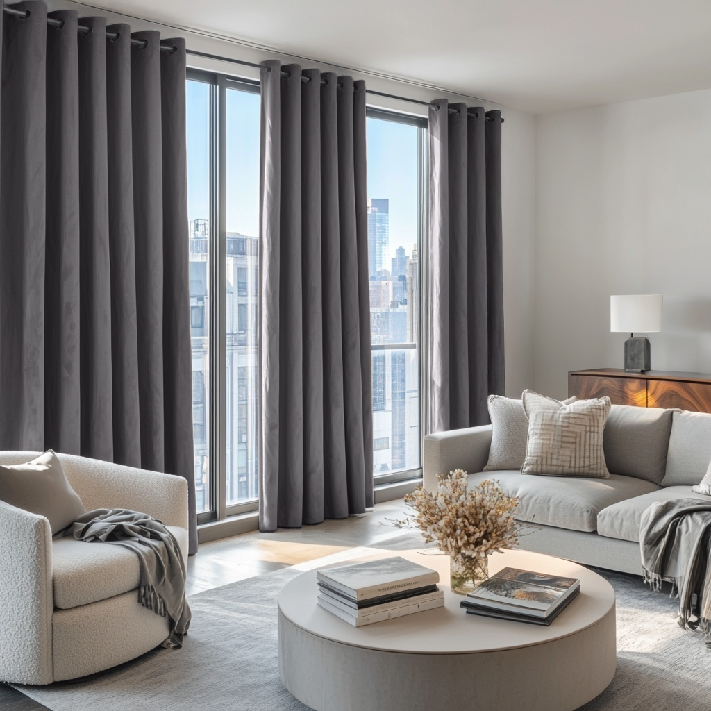 Grey Velvet Eyelet Blackout Curtains in a Living Room with White Walls
