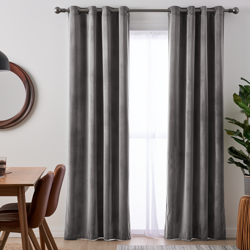 A pair of dark gray grommet curtains hanging on a silver rod in a bright room, with a white sheer curtain behind them, a wooden dining table and chairs on the left, and a green plant on the right.