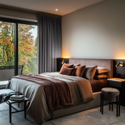 Grey Velvet Pencil Pleat Blackout Curtains for Sliding Doors in a Bedroom with Beige Walls
