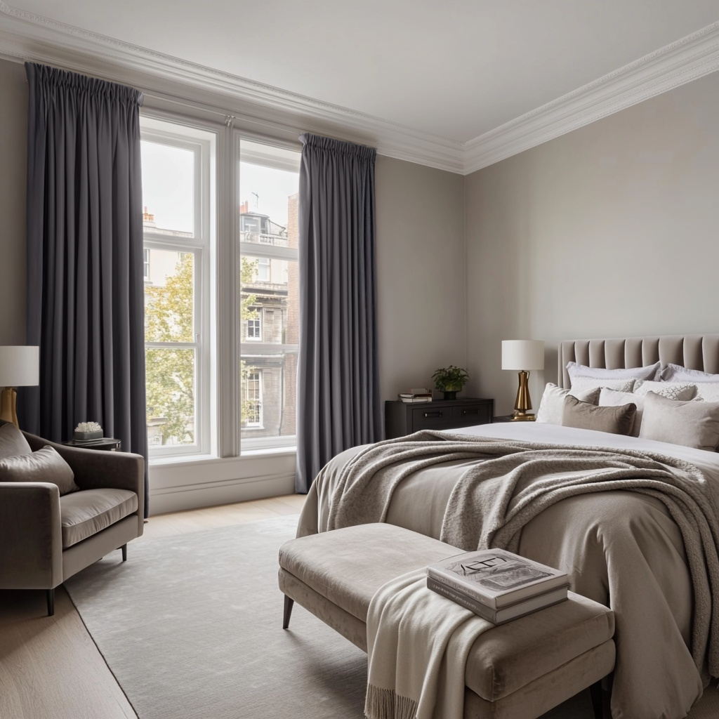 Grey Velvet Pencil Pleat Blackout Curtains in a Bedroom with Soft Grey Walls