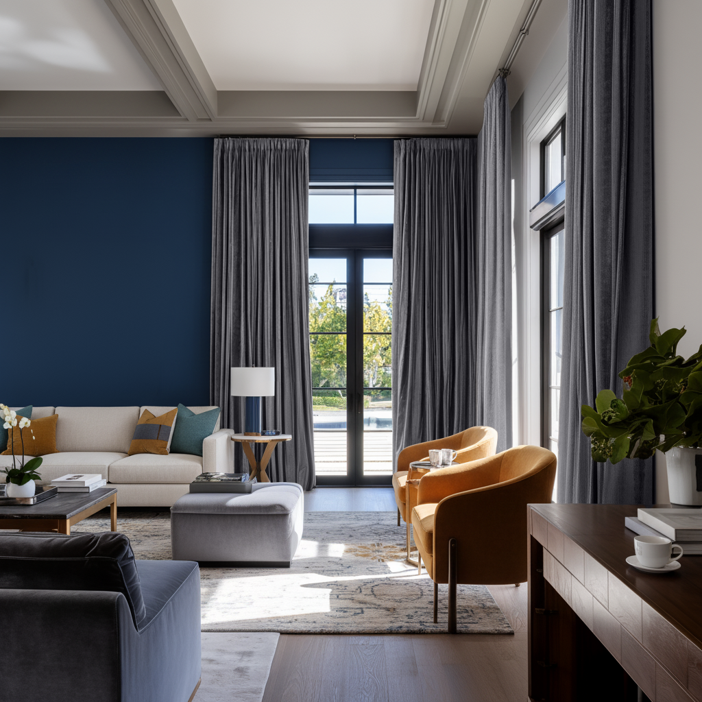 Grey Velvet Pencil Pleat Blackout Curtains in a Living Room with Blue Walls