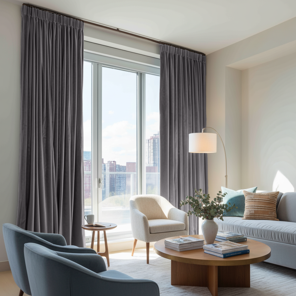 Grey Velvet Pencil Pleat Blackout Curtains in a Living Room with Off-White Walls