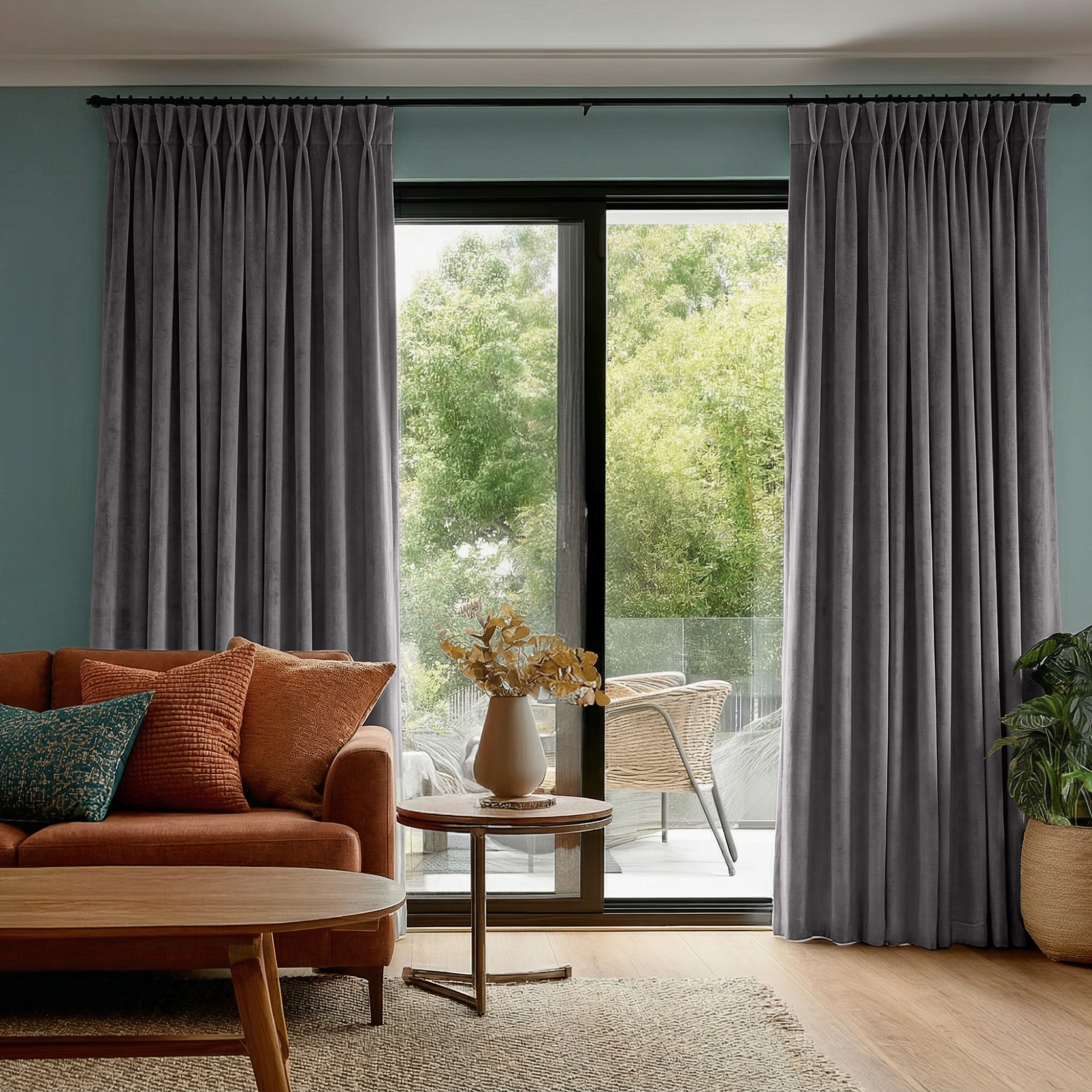 Grey Velvet Pinch Pleat Blackout Curtains for Sliding Doors in a Living with Blue Walls