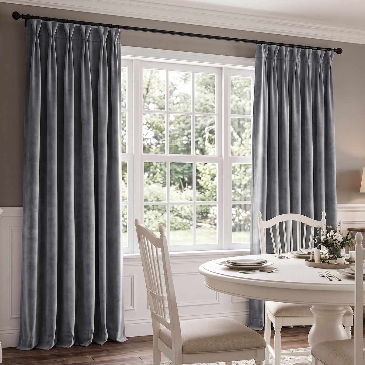 A pair of gray pleated window curtains hanging on a black rod in a bright dining room with a white table and chairs.