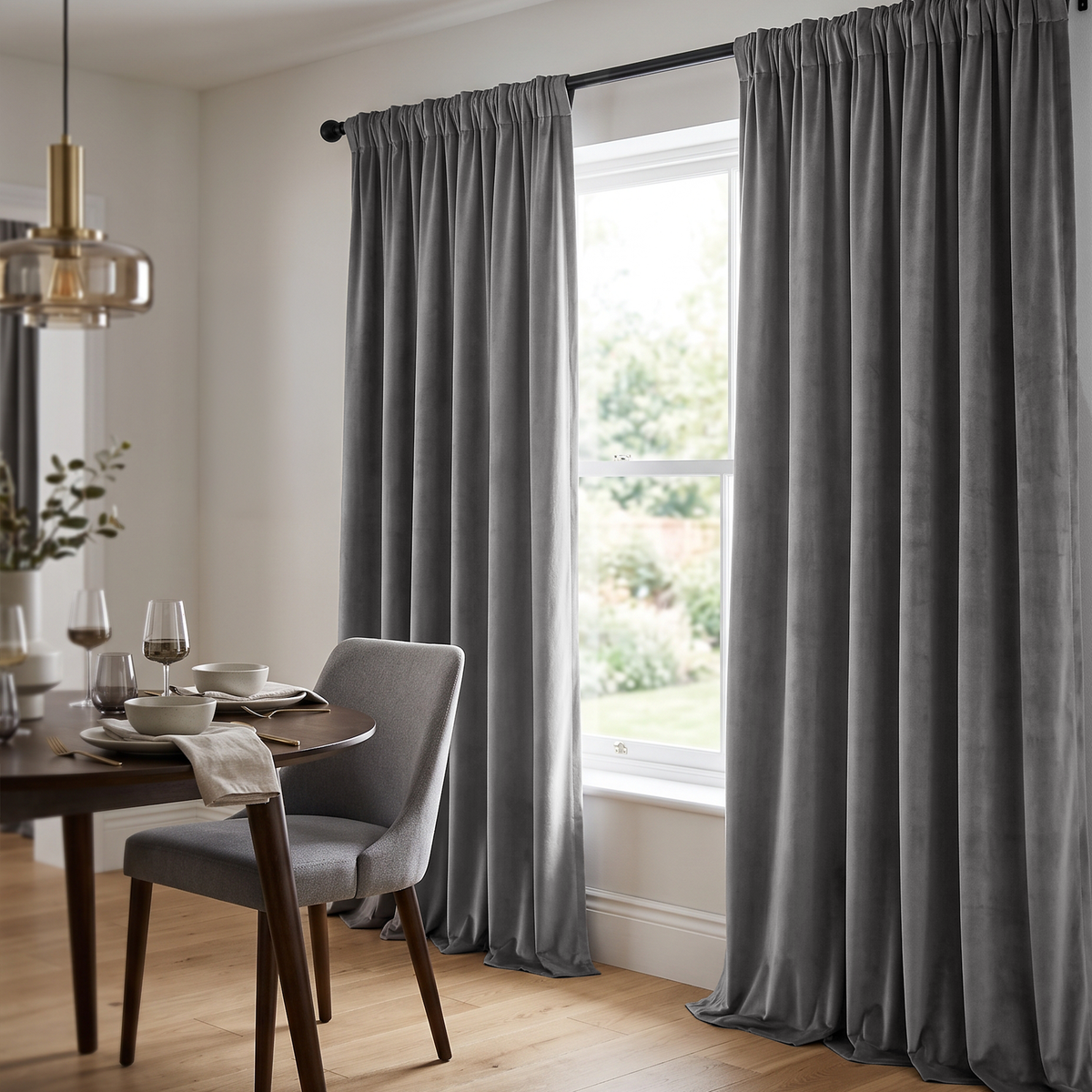 A pair of long gray curtain panels hanging on a black rod over a window in a bright dining room with a wooden table, chairs, and a hanging pendant light.