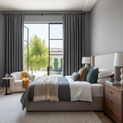 Grey Velvet Tab Top Blackout Curtains in a Bedroom with Grey Walls