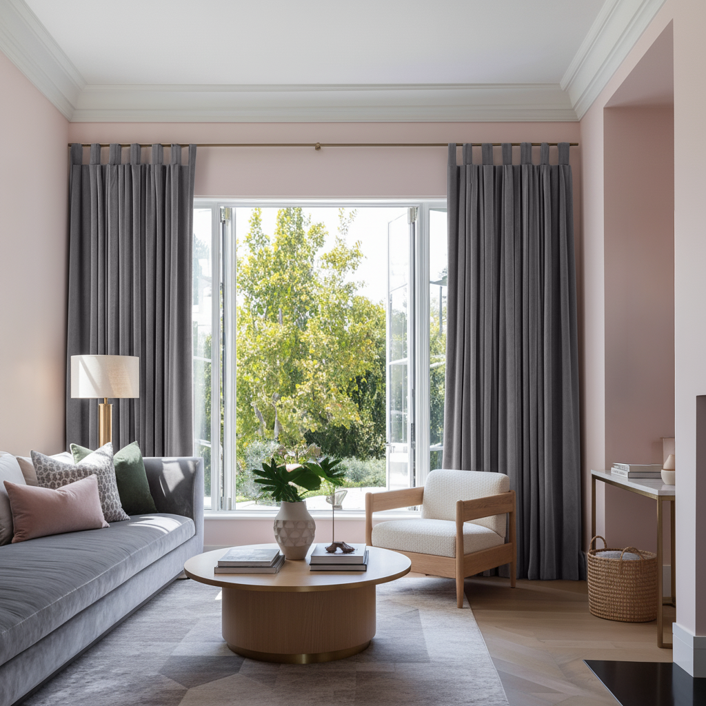 Grey Velvet Tab Top Blackout Curtains in a Living Room with Blush Pink Walls
