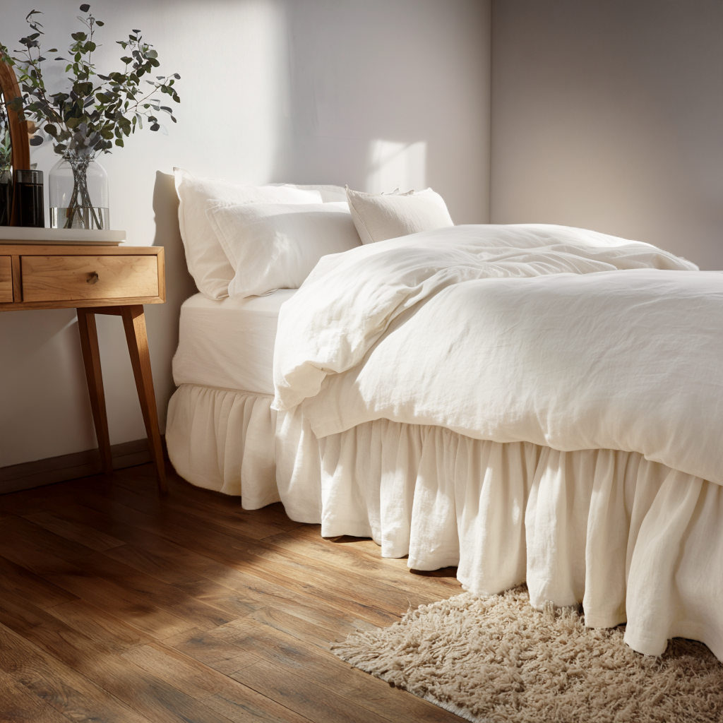 Off-White Heavy Weight Linen Bed Skirt Valance with Gathered Ruffles