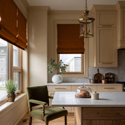 Terracotta Heavy Weight Linen Roman Blinds in a Classic Kitchen with Cream Cabinetry - Blackout Lining
