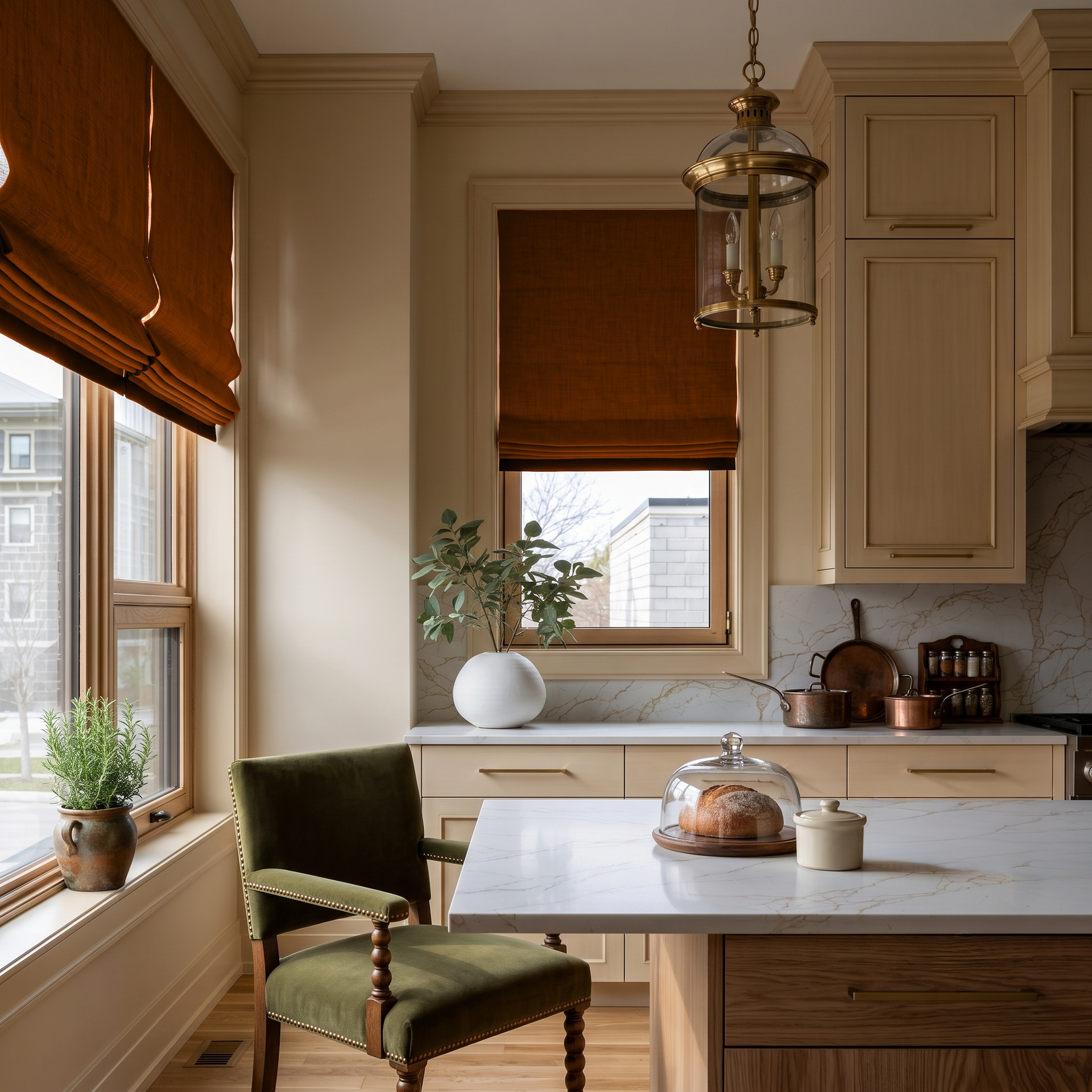 Terracotta Heavy Weight Linen Roman Blinds in a Classic Kitchen with Cream Cabinetry - Blackout Lining