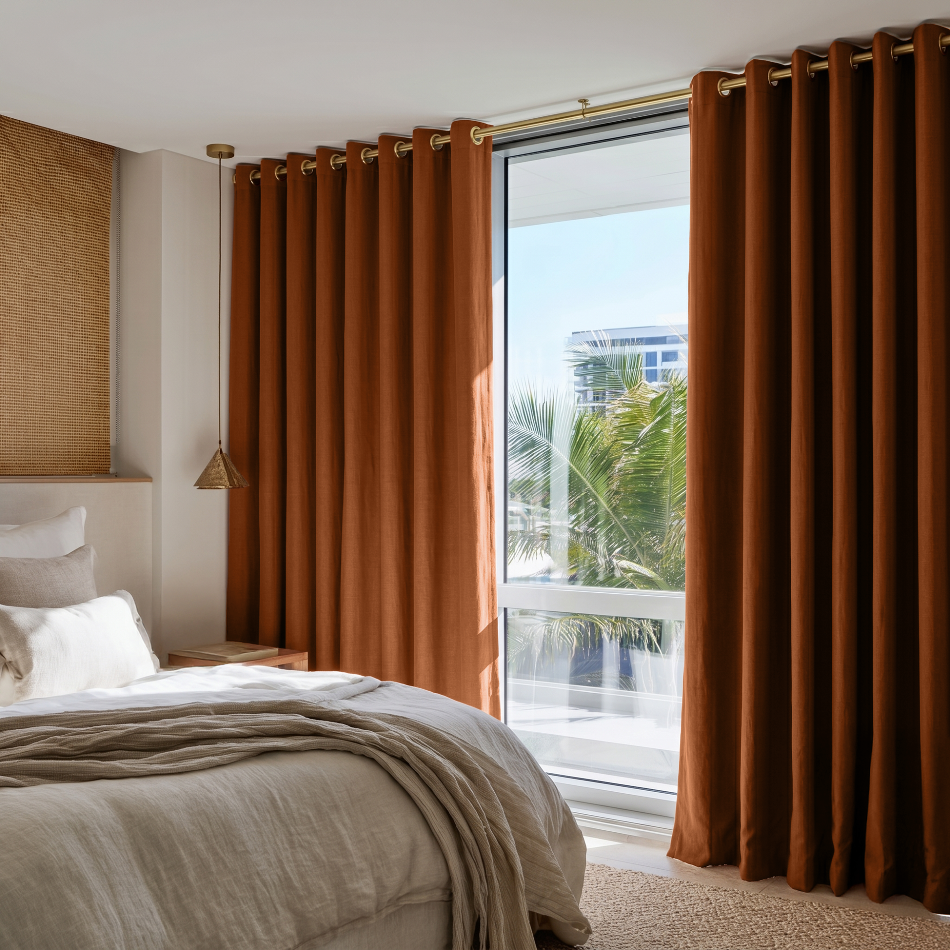 Terracotta Heavy Weight Linen Eyelet Curtains in a Bright Neutral Bedroom With Warm White Walls - Blackout Lining