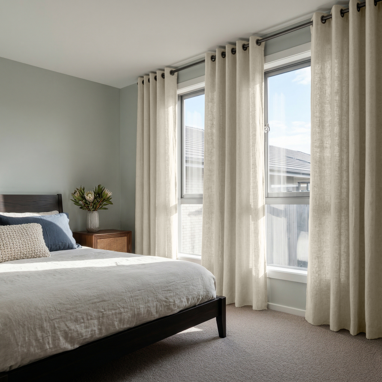 Ecru Heavy Weight Linen Eyelet Curtains in a Calm Neutral Bedroom With a Dark Wood Bed and Large Sunlit Windows