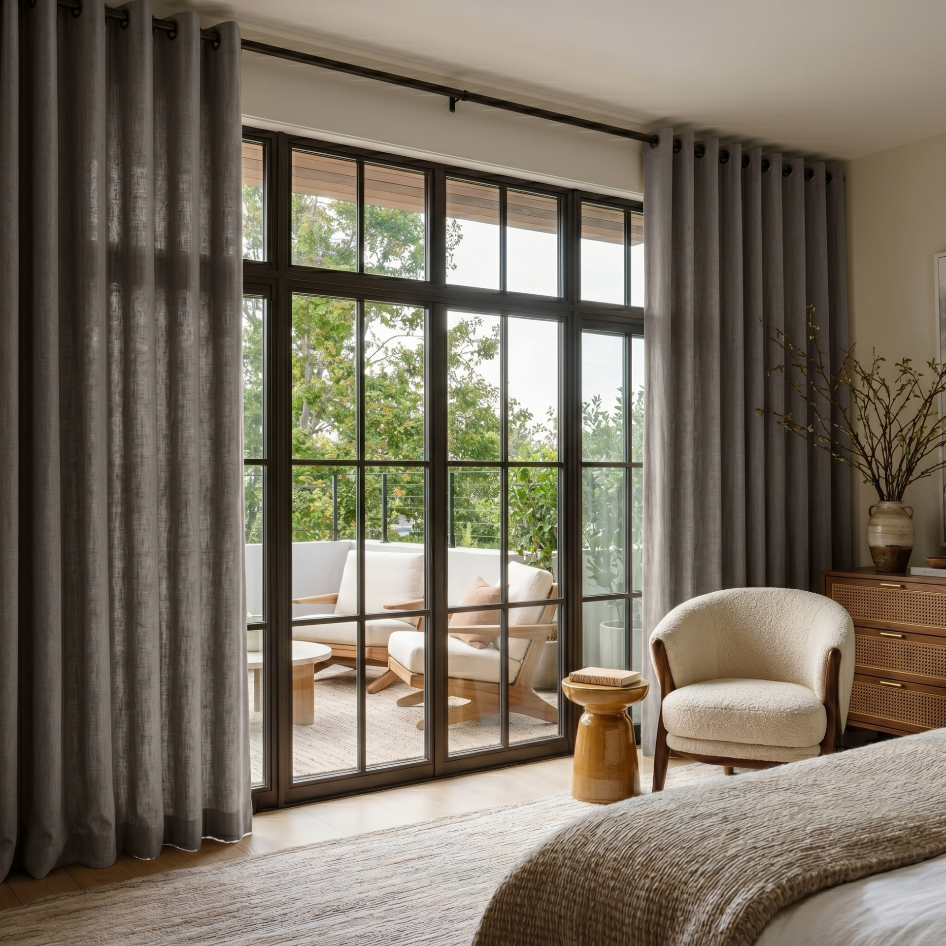 Natural Heavy Weight Linen Eyelet Bedroom Curtains in a Calm Modern Bedroom with Textured Neutral Bedding and Cream Accents