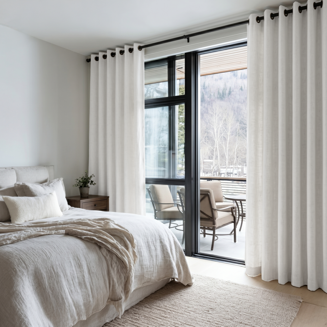 Off-White Heavy Weight Linen Eyelet Curtains in a Soft Neutral Bedroom - Cotton Lining