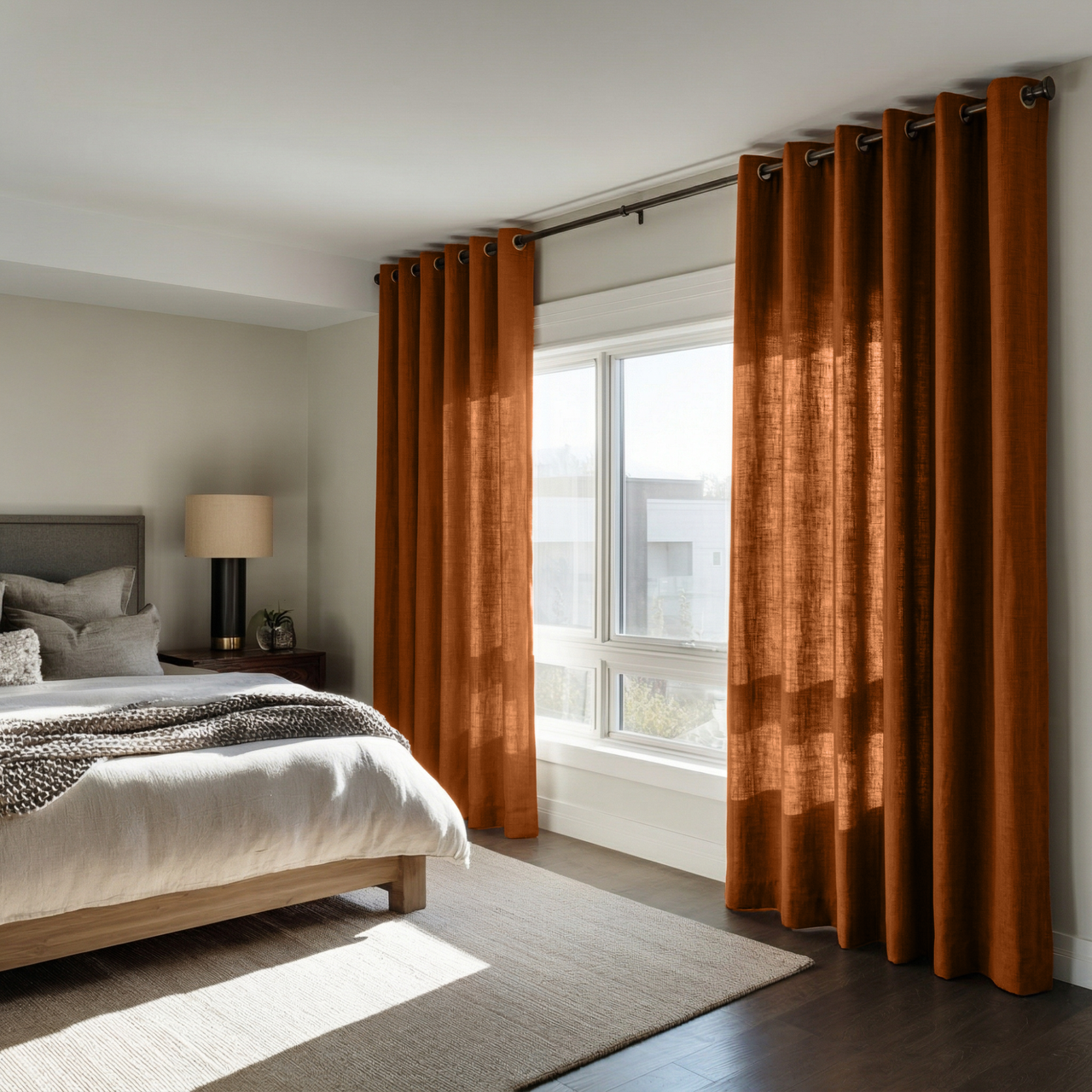 Terracotta Heavy Weight Linen Eyelet Curtains in a Cozy Modern Bedroom With Soft Greige Walls and Dark Wood Furniture