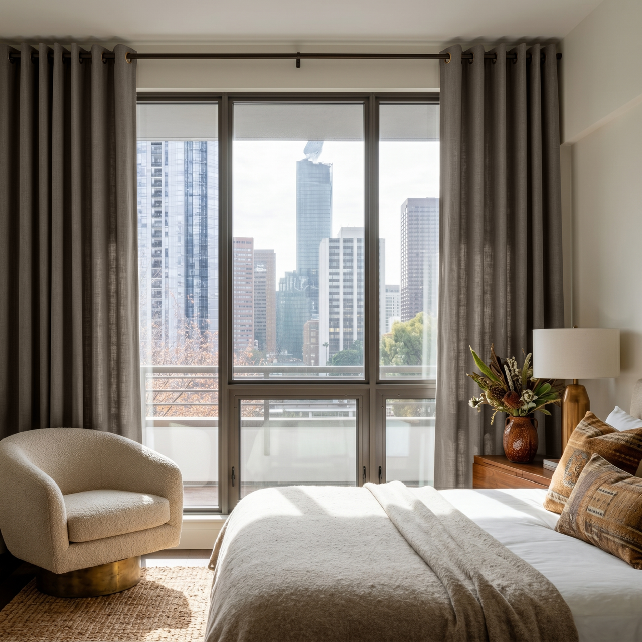 Natural Heavy Weight Linen Eyelet Bedroom Curtains in a Warm Contemporary Bedroom with Honey Wood Accents