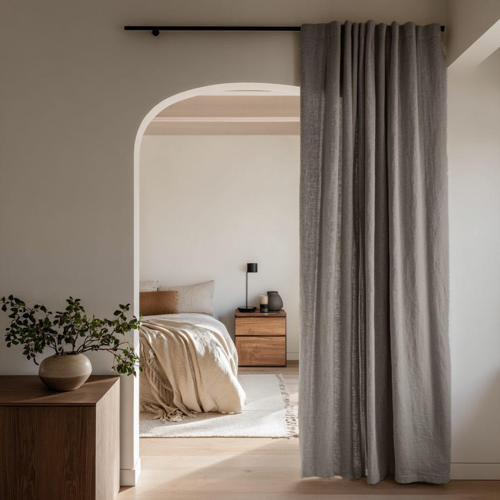 Natural Heavy Weight Linen Doorway Curtain with Multitape
