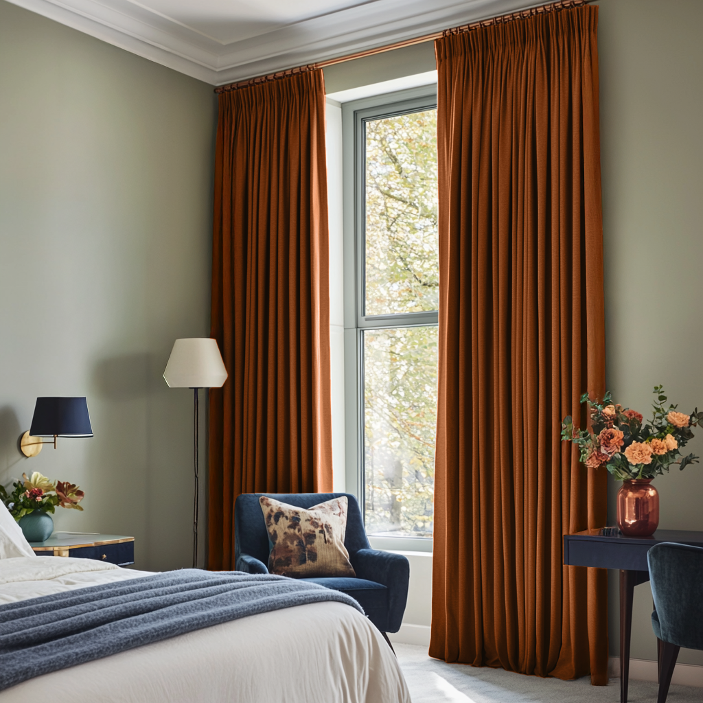 Terracotta Linen Pencil Pleat Curtains in a Contemporary Bedroom with Olive Green Walls and Blue Accents - Cotton Lining