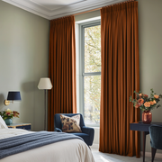 Terracotta Linen Pencil Pleat Curtains in a Contemporary Bedroom with Olive Green Walls and Blue Accents - Cotton Lining
