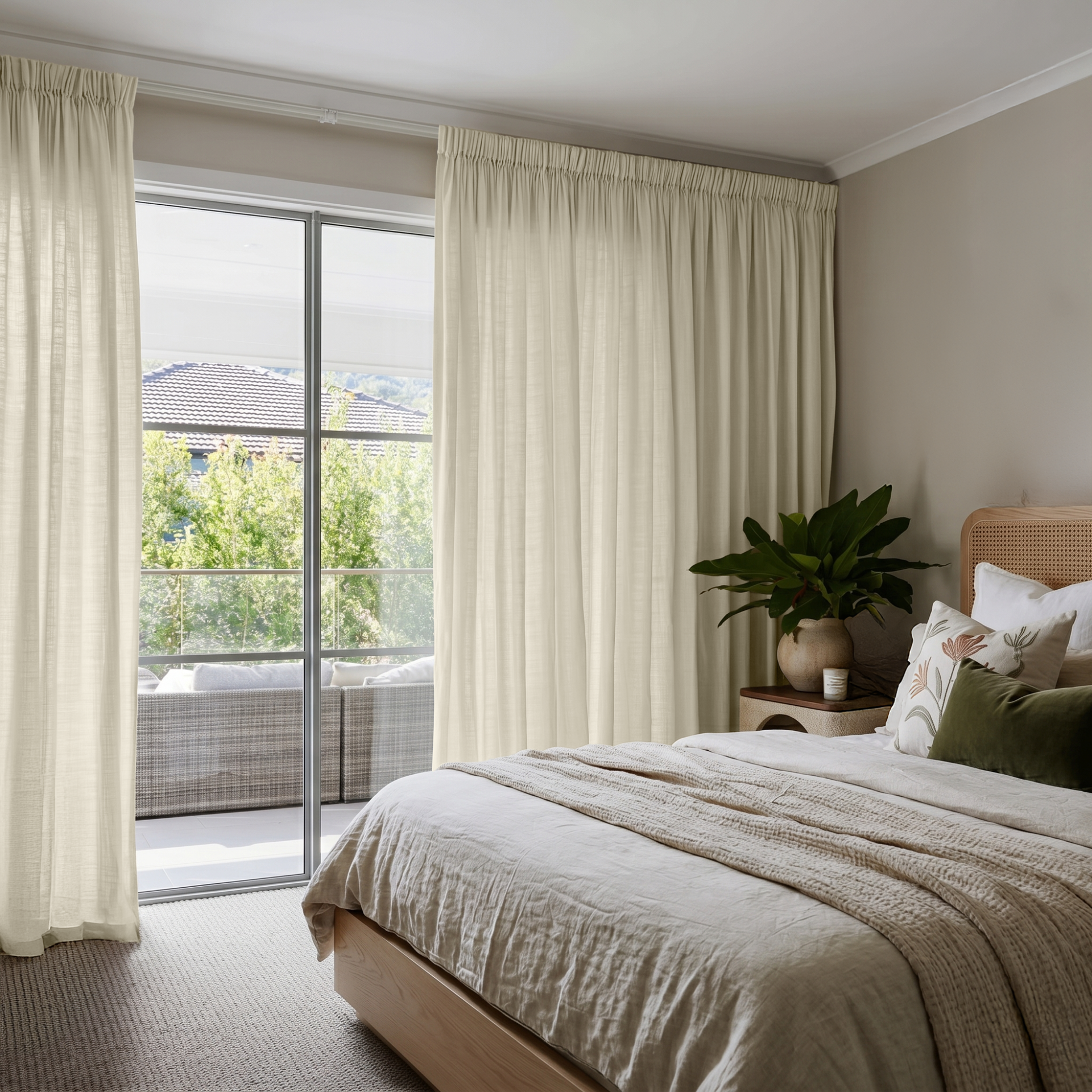Ecru Heavy Weight Linen Pencil Pleat Bedroom Curtains in a Calm Neutral Bedroom with Taupe Walls and Olive Green Accents